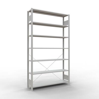 Grundregal, Büro-Fachbodenregal Stecksystem MULTIplus85, 2300 x 1300 x 300 mm (HxBxT), 7 Fachböden, Kreuzstrebe, RAL 7035 lichtgrau, ohne Anschlagleiste