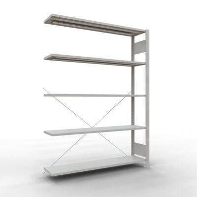 Anbauregal, Büro-Fachbodenregal Stecksystem MULTIplus85, 1800 x 1300 x 300 mm (HxBxT), 5 Fachböden, Kreuzstrebe, RAL 7035 lichtgrau, ohne Anschlagleiste