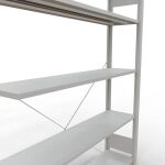 Anbauregal, Büro-Fachbodenregal Stecksystem MULTIplus85, 1800 x 1300 x 300 mm (HxBxT), 5 Fachböden, Kreuzstrebe, RAL 7035 lichtgrau, ohne Anschlagleiste