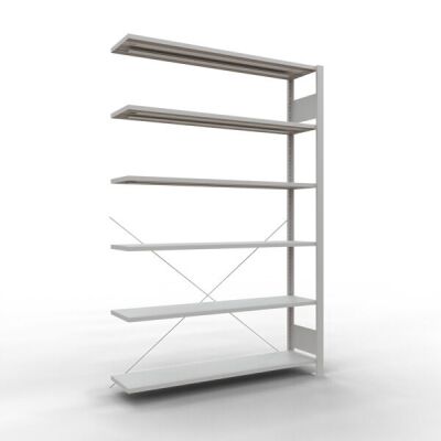 Anbauregal, Büro-Fachbodenregal Stecksystem MULTIplus85, 2000 x 1300 x 300 mm (HxBxT), 6 Fachböden, Kreuzstrebe, RAL 7035 lichtgrau, ohne Anschlagleiste