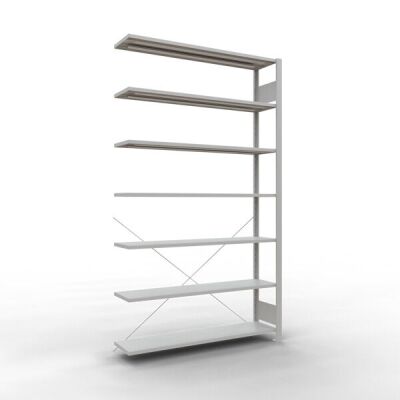 Anbauregal, Büro-Fachbodenregal Stecksystem MULTIplus85, 2300 x 1300 x 300 mm (HxBxT), 7 Fachböden, Kreuzstrebe, RAL 7035 lichtgrau, ohne Anschlagleiste