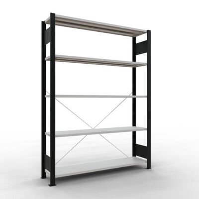 Grundregal, Büro-Fachbodenregal Stecksystem MULTIplus85, 1800 x 1300 x 300 mm (HxBxT), 5 Fachböden, Kreuzstrebe, schwarz/RAL 7035 lichtgrau, ohne Anschlagleiste