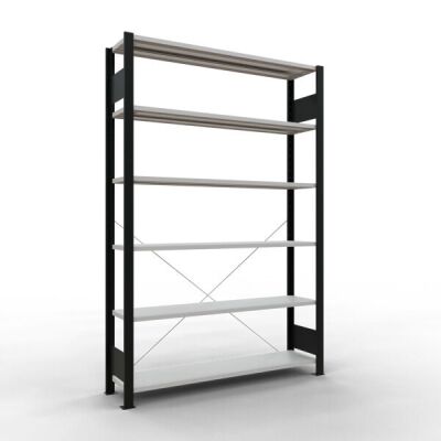 Grundregal, Büro-Fachbodenregal Stecksystem MULTIplus85, 2000 x 1300 x 300 mm (HxBxT), 6 Fachböden, Kreuzstrebe, schwarz/RAL 7035 lichtgrau, ohne Anschlagleiste