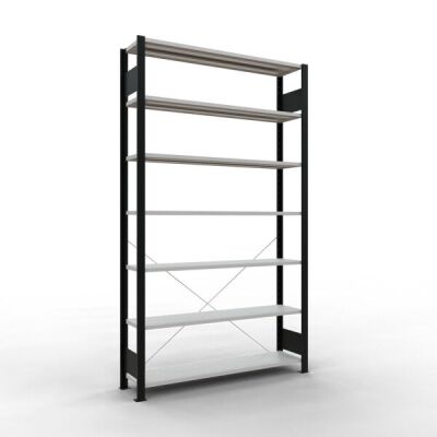 Grundregal, Büro-Fachbodenregal Stecksystem MULTIplus85, 2300 x 1300 x 300 mm (HxBxT), 7 Fachböden, Kreuzstrebe, schwarz/RAL 7035 lichtgrau, ohne Anschlagleiste