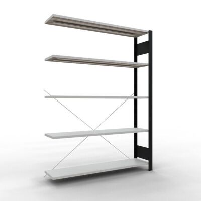 Anbauregal, Büro-Fachbodenregal Stecksystem MULTIplus85, 1800 x 1300 x 300 mm (HxBxT), 5 Fachböden, Kreuzstrebe, schwarz/RAL 7035 lichtgrau, ohne Anschlagleiste
