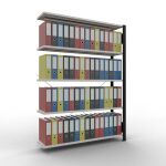 Anbauregal, Büro-Fachbodenregal Stecksystem MULTIplus85, 1800 x 1300 x 300 mm (HxBxT), 5 Fachböden, Kreuzstrebe, schwarz/RAL 7035 lichtgrau, ohne Anschlagleiste