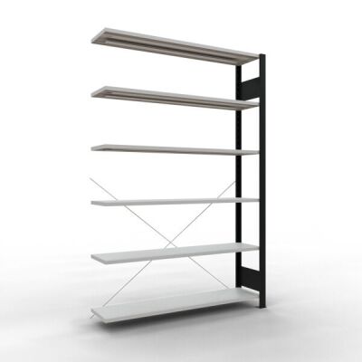 Anbauregal, Büro-Fachbodenregal Stecksystem MULTIplus85, 2000 x 1300 x 300 mm (HxBxT), 6 Fachböden, Kreuzstrebe, schwarz/RAL 7035 lichtgrau, ohne Anschlagleiste