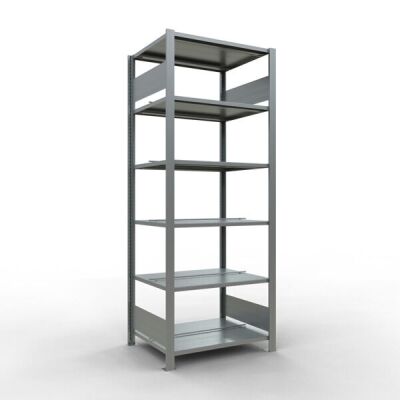 Grundregal, Büro-Fachbodenregal Stecksystem MULTIplus150, 2000 x 750 x 600 mm (HxBxT), 6 Fachböden, Längenriegel, verzinkt, mit Mittelanschlag