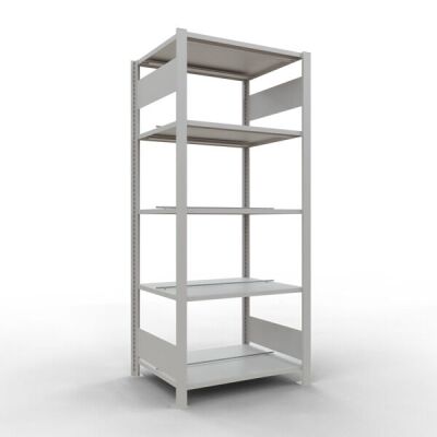 Grundregal, Büro-Fachbodenregal Stecksystem MULTIplus150, 1800 x 750 x 600 mm (HxBxT), 5 Fachböden, Längenriegel, RAL 7035 lichtgrau, mit Mittelanschlag