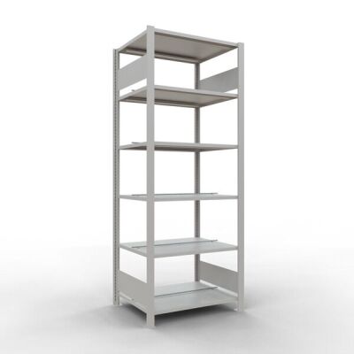 Grundregal, Büro-Fachbodenregal Stecksystem MULTIplus150, 2000 x 750 x 600 mm (HxBxT), 6 Fachböden, Längenriegel, RAL 7035 lichtgrau, mit Mittelanschlag