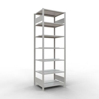 Grundregal, Büro-Fachbodenregal Stecksystem MULTIplus150, 2300 x 750 x 600 mm (HxBxT), 7 Fachböden, Längenriegel, RAL 7035 lichtgrau, mit Mittelanschlag