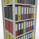 Grundregal, Büro-Fachbodenregal Stecksystem MULTIplus150, 2300 x 750 x 600 mm (HxBxT), 7 Fachböden, Längenriegel, RAL 7035 lichtgrau, mit Mittelanschlag