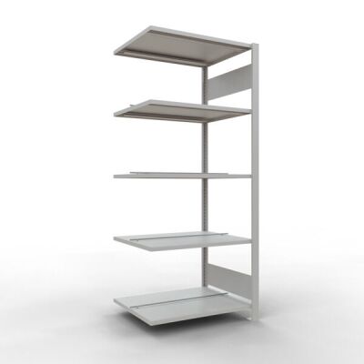 Anbauregal, Büro-Fachbodenregal Stecksystem MULTIplus150, 1800 x 750 x 600 mm (HxBxT), 5 Fachböden, Längenriegel, RAL 7035 lichtgrau, mit Mittelanschlag
