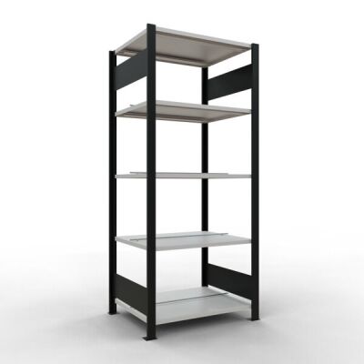 Grundregal, Büro-Fachbodenregal Stecksystem MULTIplus150, 1800 x 750 x 600 mm (HxBxT), 5 Fachböden, Längenriegel, schwarz/RAL 7035 lichtgrau, mit Mittelanschlag