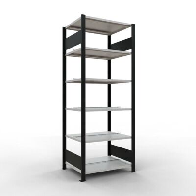 Grundregal, Büro-Fachbodenregal Stecksystem MULTIplus150, 2000 x 750 x 600 mm (HxBxT), 6 Fachböden, Längenriegel, schwarz/RAL 7035 lichtgrau, mit Mittelanschlag