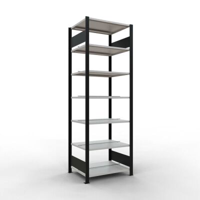 Grundregal, Büro-Fachbodenregal Stecksystem MULTIplus150, 2300 x 750 x 600 mm (HxBxT), 7 Fachböden, Längenriegel, schwarz/RAL 7035 lichtgrau, mit Mittelanschlag