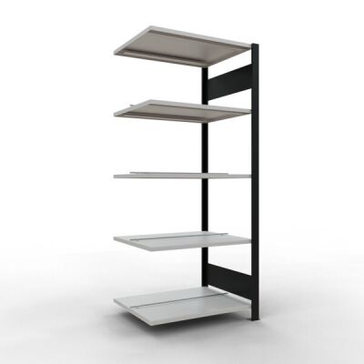 Anbauregal, Büro-Fachbodenregal Stecksystem MULTIplus150, 1800 x 750 x 600 mm (HxBxT), 5 Fachböden, Längenriegel, schwarz/RAL 7035 lichtgrau, mit Mittelanschlag