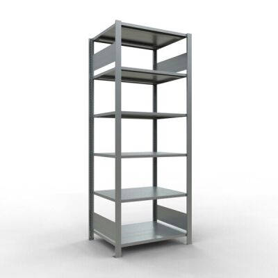 Grundregal, Büro-Fachbodenregal Stecksystem MULTIplus150, 2000 x 750 x 600 mm (HxBxT), 6 Fachböden, Längenriegel, verzinkt, ohne Mittelanschlag