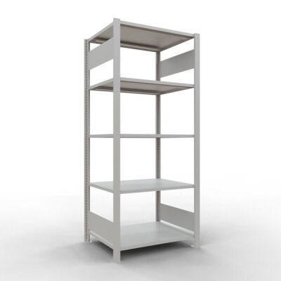 Grundregal, Büro-Fachbodenregal Stecksystem MULTIplus150, 1800 x 750 x 600 mm (HxBxT), 5 Fachböden, Längenriegel, RAL 7035 lichtgrau, ohne Mittelanschlag