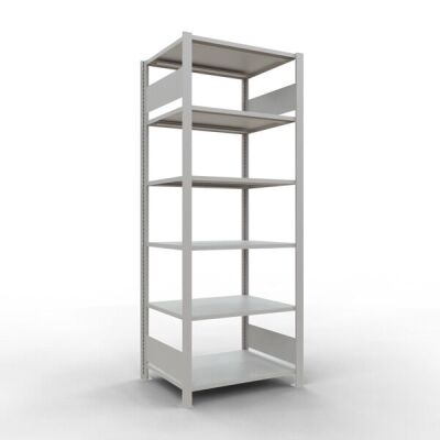 Grundregal, Büro-Fachbodenregal Stecksystem MULTIplus150, 2000 x 750 x 600 mm (HxBxT), 6 Fachböden, Längenriegel, RAL 7035 lichtgrau, ohne Mittelanschlag