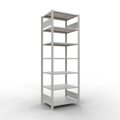 Grundregal, Büro-Fachbodenregal Stecksystem MULTIplus150, 2300 x 750 x 600 mm (HxBxT), 7 Fachböden, Längenriegel, RAL 7035 lichtgrau, ohne Mittelanschlag