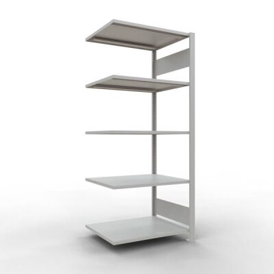 Anbauregal, Büro-Fachbodenregal Stecksystem MULTIplus150, 1800 x 750 x 600 mm (HxBxT), 5 Fachböden, Längenriegel, RAL 7035 lichtgrau, ohne Mittelanschlag