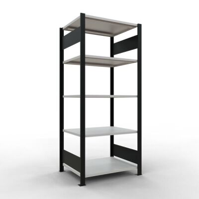 Grundregal, Büro-Fachbodenregal Stecksystem MULTIplus150, 1800 x 750 x 600 mm (HxBxT), 5 Fachböden, Längenriegel, schwarz/RAL 7035 lichtgrau, ohne Mittelanschlag