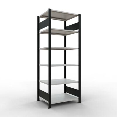 Grundregal, Büro-Fachbodenregal Stecksystem MULTIplus150, 2000 x 750 x 600 mm (HxBxT), 6 Fachböden, Längenriegel, schwarz/RAL 7035 lichtgrau, ohne Mittelanschlag