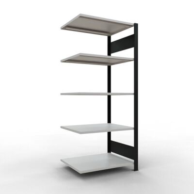 Anbauregal, Büro-Fachbodenregal Stecksystem MULTIplus150, 1800 x 750 x 600 mm (HxBxT), 5 Fachböden, Längenriegel, schwarz/RAL 7035 lichtgrau, ohne Mittelanschlag