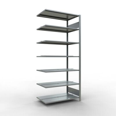 Anbauregal, Büro-Fachbodenregal Stecksystem MULTIplus150, 2300 x 1000 x 600 mm (HxBxT), 7 Fachböden, Längenriegel, verzinkt, mit Mittelanschlag