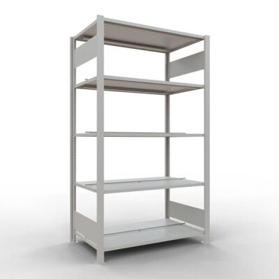 Grundregal, Büro-Fachbodenregal Stecksystem MULTIplus150, 1800 x 1000 x 600 mm (HxBxT), 5 Fachböden, Längenriegel, RAL 7035 lichtgrau, mit Mittelanschlag