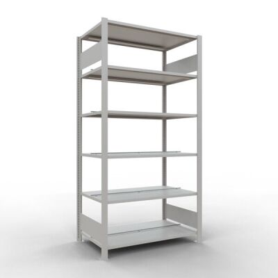 Grundregal, Büro-Fachbodenregal Stecksystem MULTIplus150, 2000 x 1000 x 600 mm (HxBxT), 6 Fachböden, Längenriegel, RAL 7035 lichtgrau, mit Mittelanschlag