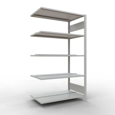 Anbauregal, Büro-Fachbodenregal Stecksystem MULTIplus150, 1800 x 1000 x 600 mm (HxBxT), 5 Fachböden, Längenriegel, RAL 7035 lichtgrau, mit Mittelanschlag