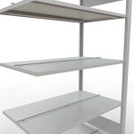 Anbauregal, Büro-Fachbodenregal Stecksystem MULTIplus150, 1800 x 1000 x 600 mm (HxBxT), 5 Fachböden, Längenriegel, RAL 7035 lichtgrau, mit Mittelanschlag