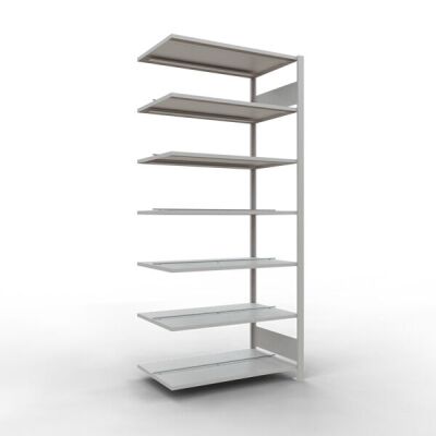 Anbauregal, Büro-Fachbodenregal Stecksystem MULTIplus150, 2300 x 1000 x 600 mm (HxBxT), 7 Fachböden, Längenriegel, RAL 7035 lichtgrau, mit Mittelanschlag