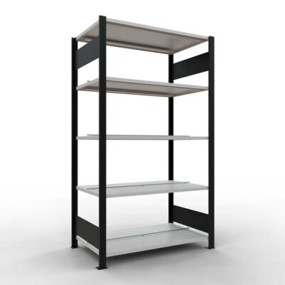 Grundregal, Büro-Fachbodenregal Stecksystem MULTIplus150, 1800 x 1000 x 600 mm (HxBxT), 5 Fachböden, Längenriegel, schwarz/RAL 7035 lichtgrau, mit Mittelanschlag