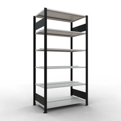 Grundregal, Büro-Fachbodenregal Stecksystem MULTIplus150, 2000 x 1000 x 600 mm (HxBxT), 6 Fachböden, Längenriegel, schwarz/RAL 7035 lichtgrau, mit Mittelanschlag