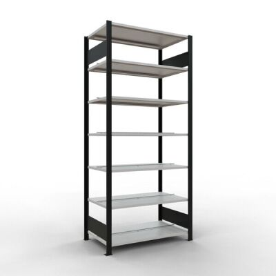 Grundregal, Büro-Fachbodenregal Stecksystem MULTIplus150, 2300 x 1000 x 600 mm (HxBxT), 7 Fachböden, Längenriegel, schwarz/RAL 7035 lichtgrau, mit Mittelanschlag
