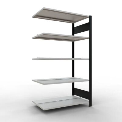 Anbauregal, Büro-Fachbodenregal Stecksystem MULTIplus150, 1800 x 1000 x 600 mm (HxBxT), 5 Fachböden, Längenriegel, schwarz/RAL 7035 lichtgrau, mit Mittelanschlag