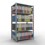 Grundregal, Büro-Fachbodenregal Stecksystem MULTIplus150, 1800 x 1000 x 600 mm (HxBxT), 5 Fachböden, Längenriegel, verzinkt, ohne Mittelanschlag
