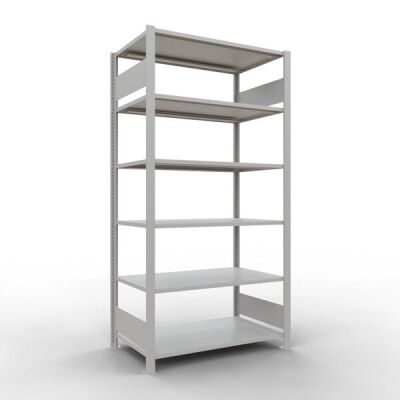 Grundregal, Büro-Fachbodenregal Stecksystem MULTIplus150, 2000 x 1000 x 600 mm (HxBxT), 6 Fachböden, Längenriegel, RAL 7035 lichtgrau, ohne Mittelanschlag