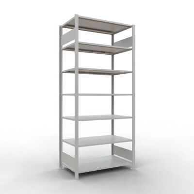 Grundregal, Büro-Fachbodenregal Stecksystem MULTIplus150, 2300 x 1000 x 600 mm (HxBxT), 7 Fachböden, Längenriegel, RAL 7035 lichtgrau, ohne Mittelanschlag