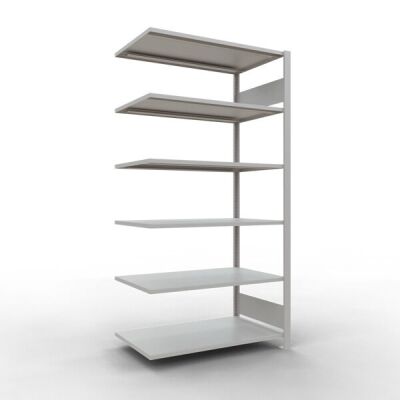 Anbauregal, Büro-Fachbodenregal Stecksystem MULTIplus150, 2000 x 1000 x 600 mm (HxBxT), 6 Fachböden, Längenriegel, RAL 7035 lichtgrau, ohne Mittelanschlag