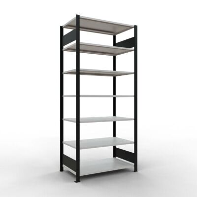 Grundregal, Büro-Fachbodenregal Stecksystem MULTIplus150, 2300 x 1000 x 600 mm (HxBxT), 7 Fachböden, Längenriegel, schwarz/RAL 7035 lichtgrau, ohne Mittelanschlag