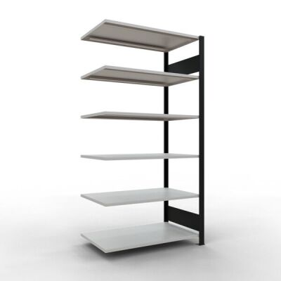 Anbauregal, Büro-Fachbodenregal Stecksystem MULTIplus150, 2000 x 1000 x 600 mm (HxBxT), 6 Fachböden, Längenriegel, schwarz/RAL 7035 lichtgrau, ohne Mittelanschlag