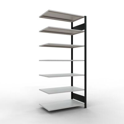 Anbauregal, Büro-Fachbodenregal Stecksystem MULTIplus150, 2300 x 1000 x 600 mm (HxBxT), 7 Fachböden, Längenriegel, schwarz/RAL 7035 lichtgrau, ohne Mittelanschlag