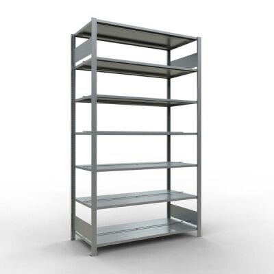 Grundregal, Büro-Fachbodenregal Stecksystem MULTIplus150, 2300 x 1300 x 600 mm (HxBxT), 7 Fachböden, Längenriegel, verzinkt, mit Mittelanschlag