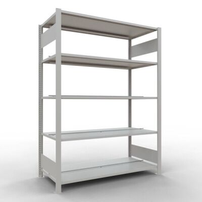 Grundregal, Büro-Fachbodenregal Stecksystem MULTIplus150, 1800 x 1300 x 600 mm (HxBxT), 5 Fachböden, Längenriegel, RAL 7035 lichtgrau, mit Mittelanschlag