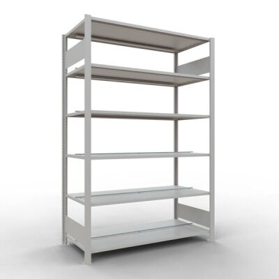Grundregal, Büro-Fachbodenregal Stecksystem MULTIplus150, 2000 x 1300 x 600 mm (HxBxT), 6 Fachböden, Längenriegel, RAL 7035 lichtgrau, mit Mittelanschlag