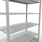 Grundregal, Büro-Fachbodenregal Stecksystem MULTIplus150, 2000 x 1300 x 600 mm (HxBxT), 6 Fachböden, Längenriegel, RAL 7035 lichtgrau, mit Mittelanschlag